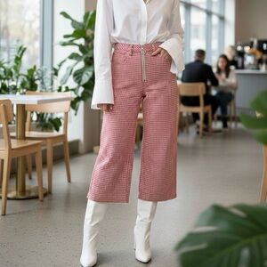 Topshop MOTO Red Houndstooth Wide Leg Cropped 100% Cotton Capri Pants - W25